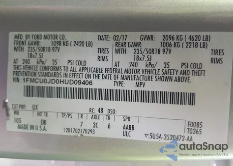 2017 Ford Escape Titanium z USA, uszkodzony, nr VIN 1FMCU0JD0HUD09406